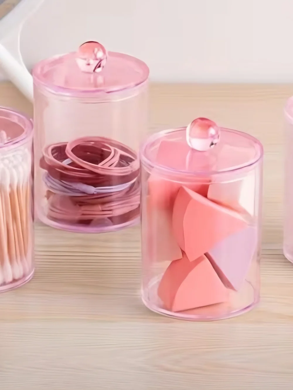 4-Piece EUC Preloved Pink Apothecary Jar Organizer Set (8 Total Pieces)